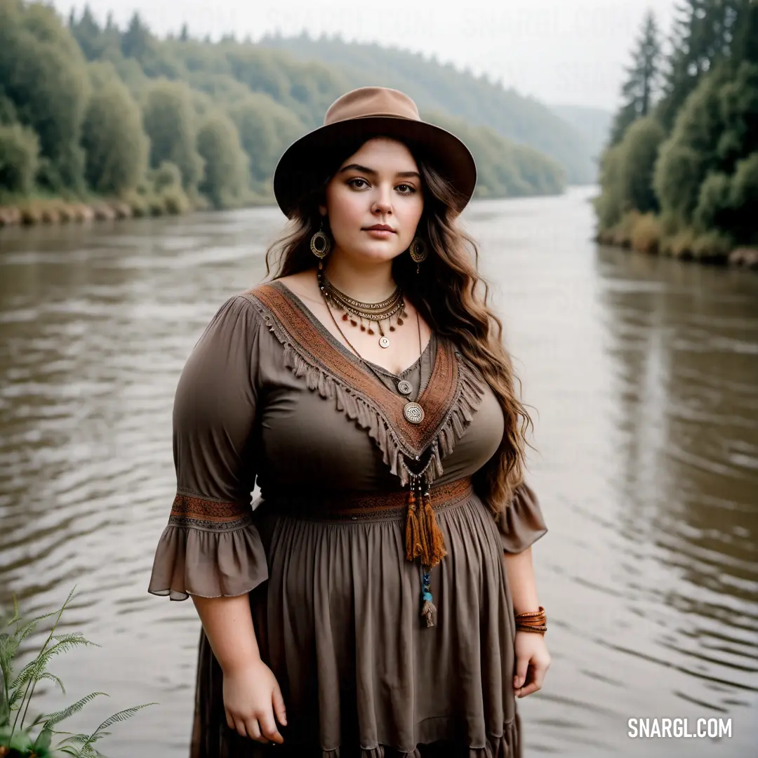 Woman in a brown dress and hat standing in front of a river with trees in the background