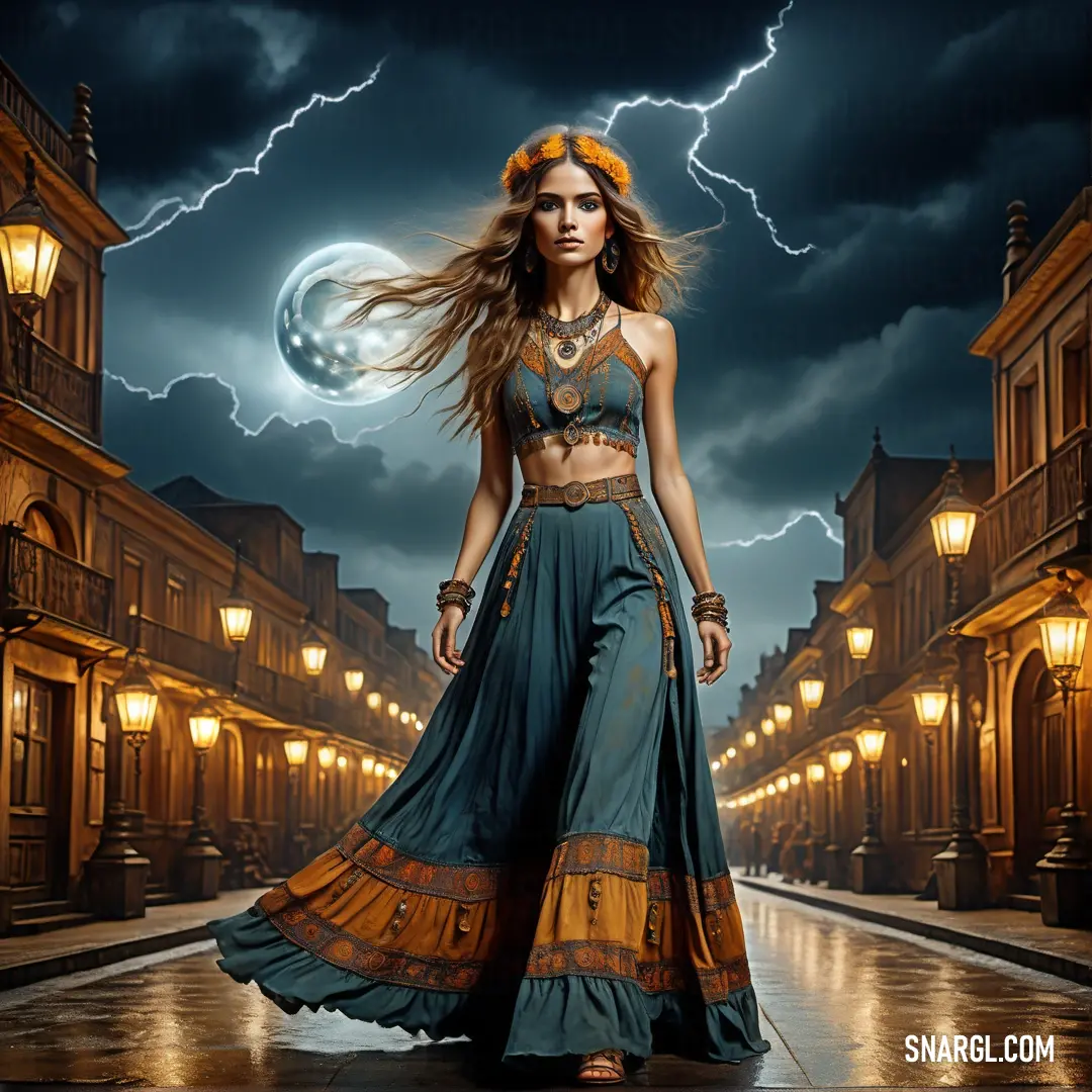 Woman in a long dress standing in a street with a lightning bolt in the background