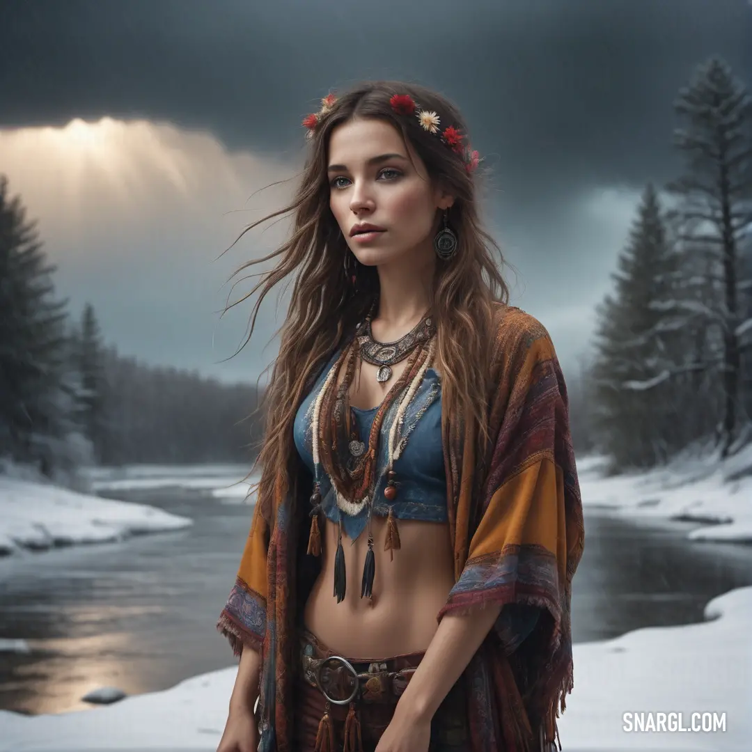 Woman in a native outfit standing in the snow near a river with a sunbeam in the background