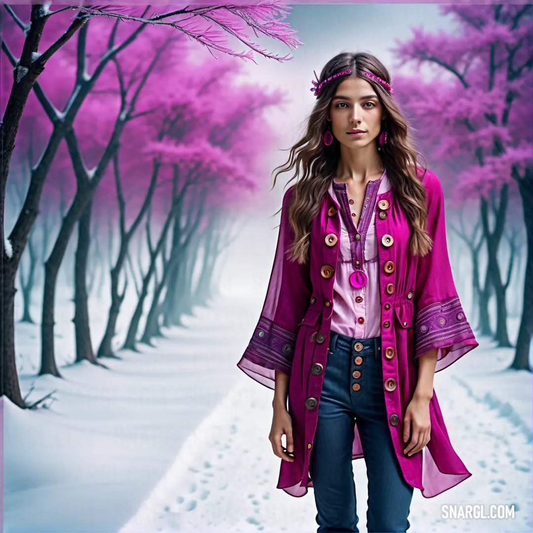 Woman in a pink shirt and jeans standing in a snowy path with trees and snow covered ground behind her