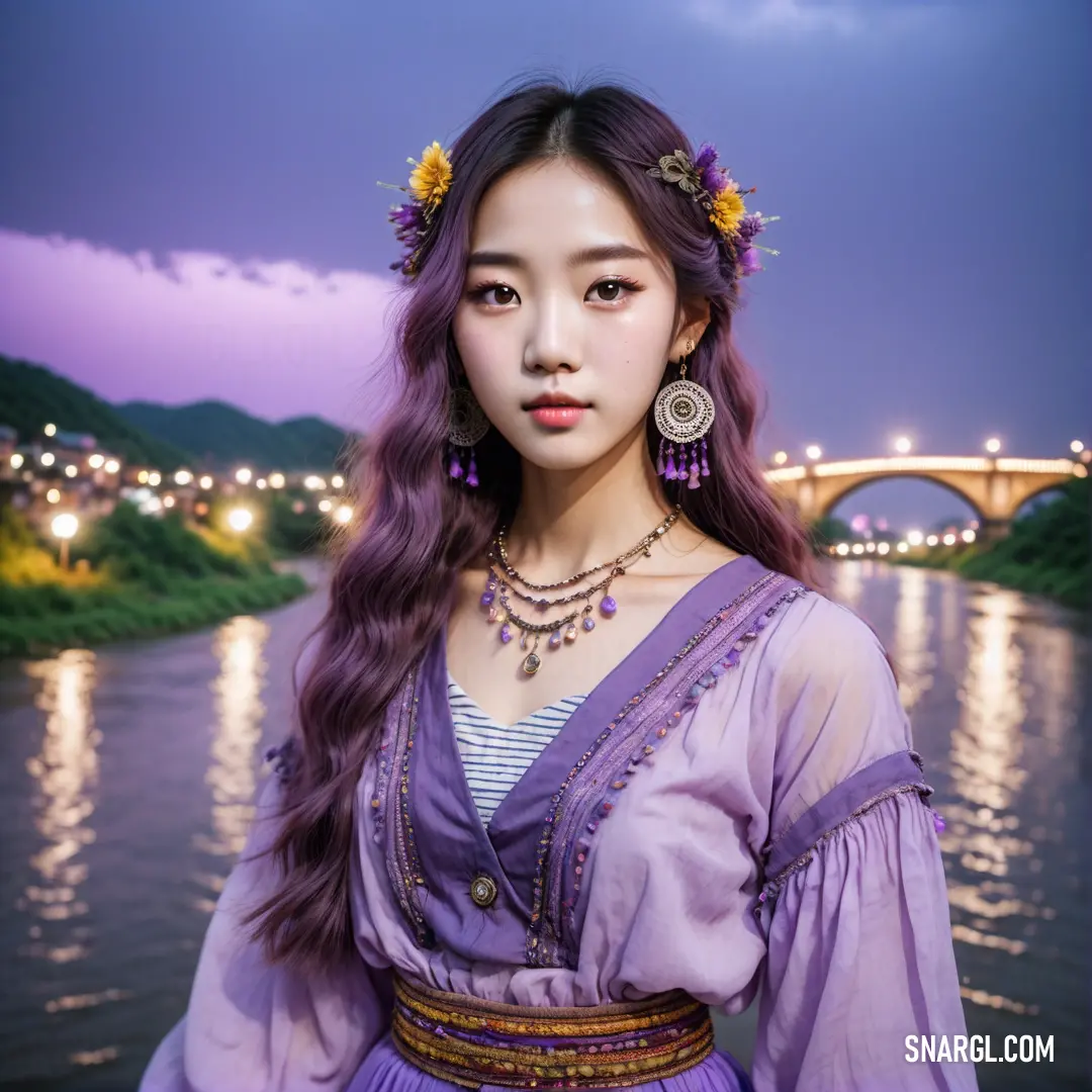 Woman in a purple dress standing on a river bank at night with a bridge in the background and lights on