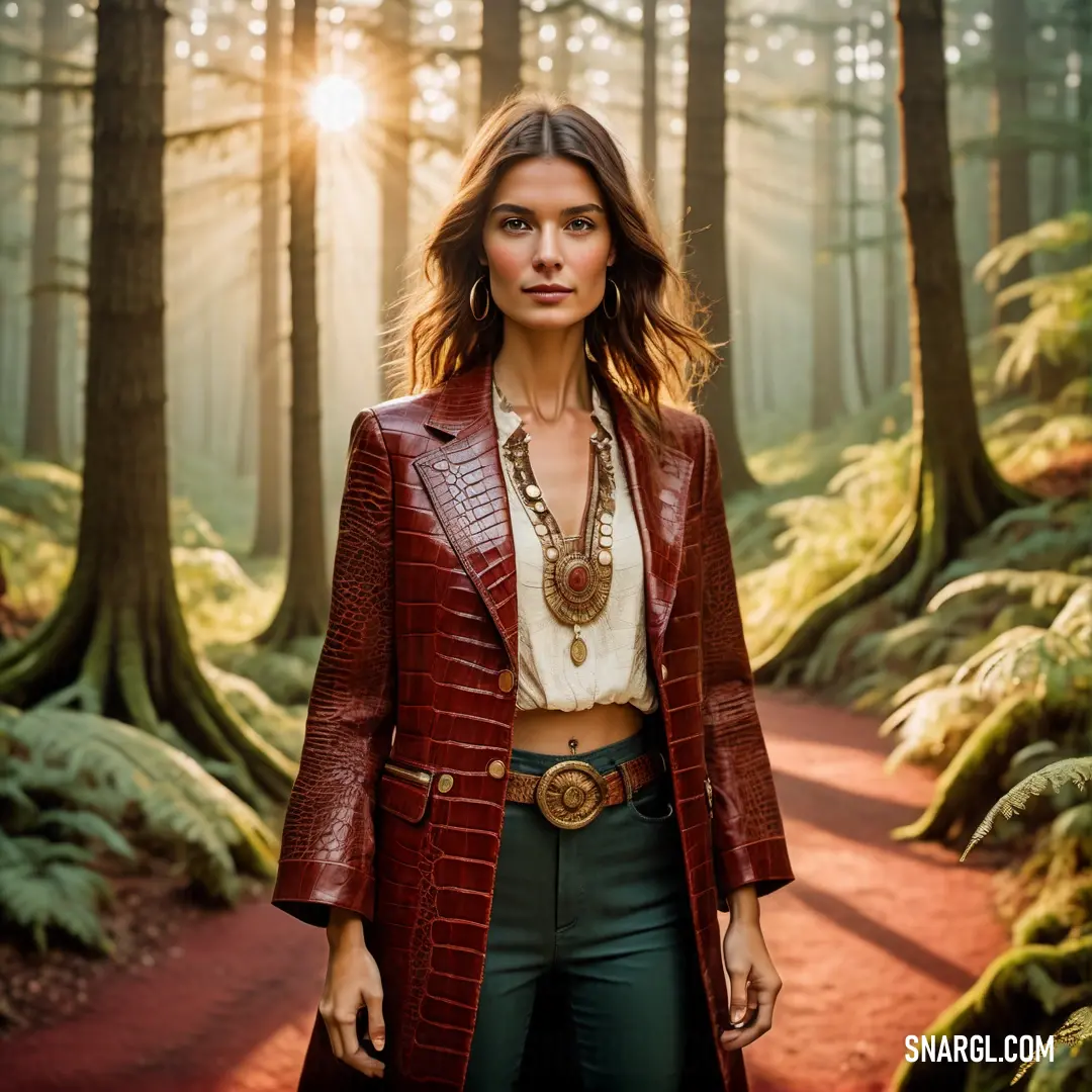 Woman in a red jacket and green pants standing in a forest with a sunbeam in the background