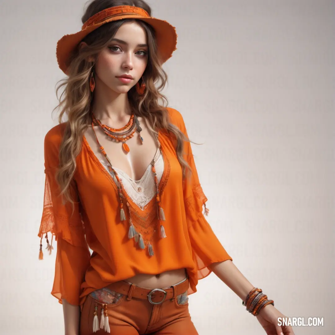 Woman in an orange top and orange pants posing for a picture with a hat on her head