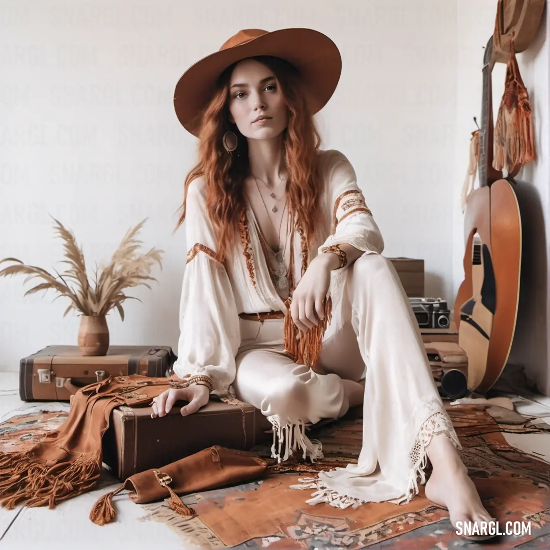 Woman on a rug with a suitcase and hat on her head and a guitar in the background