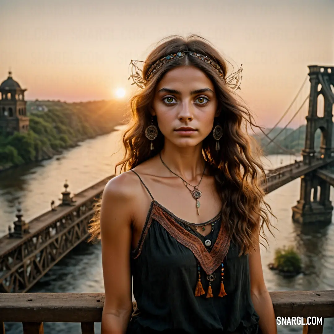 Woman standing on a bridge with a sunset in the background