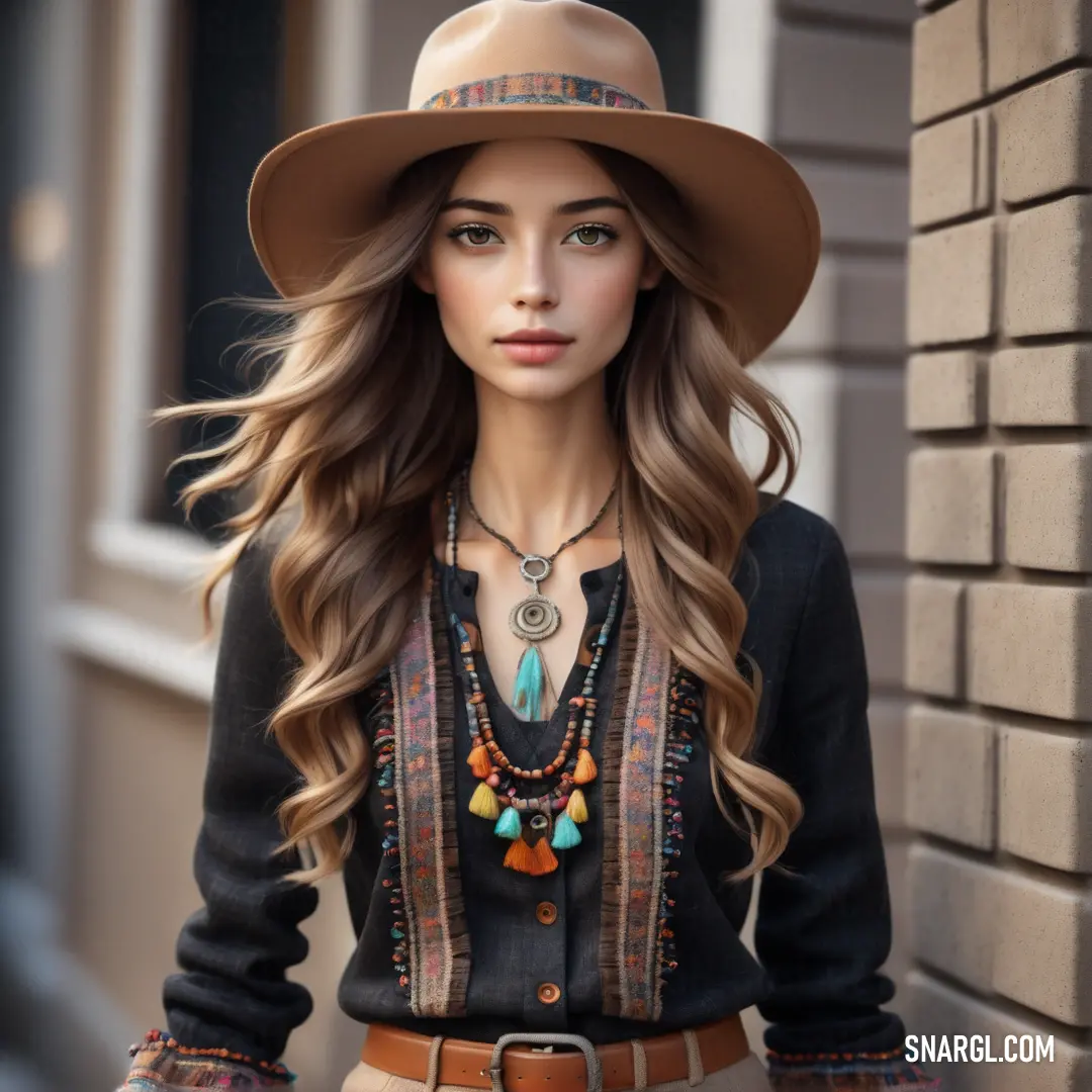 Woman wearing a hat and a necklace with beads