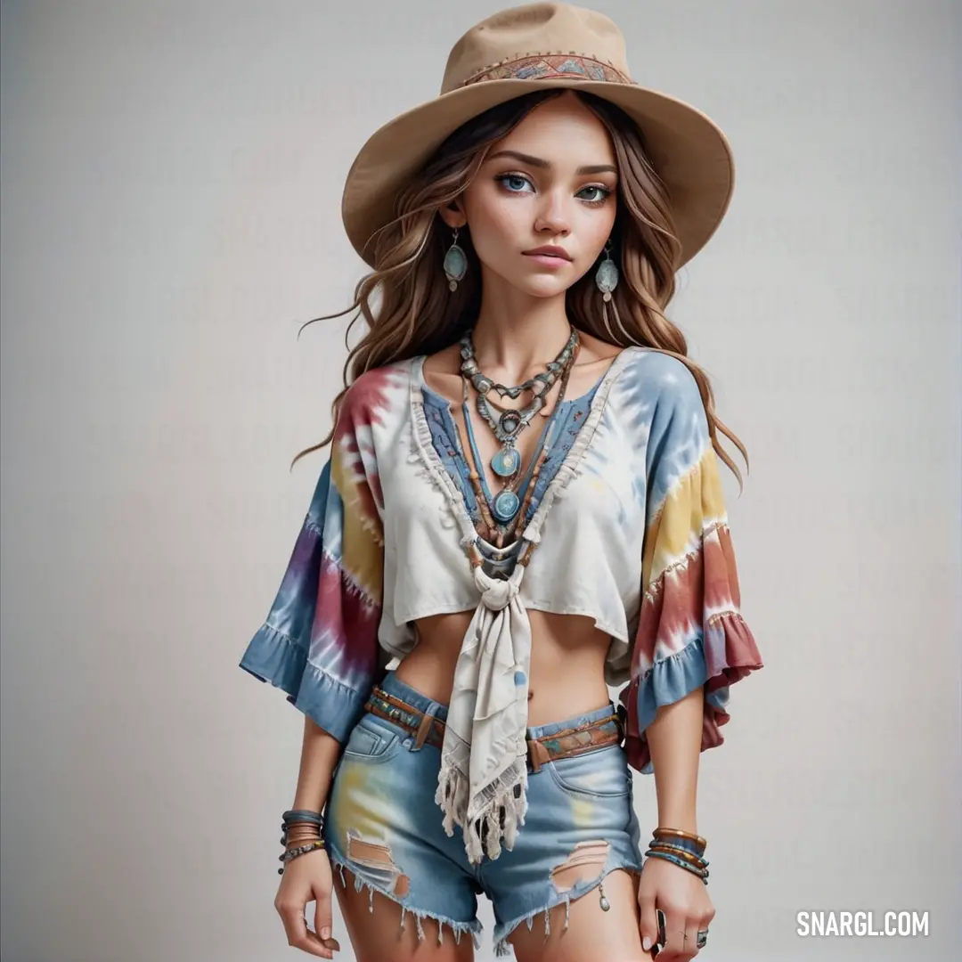 Woman wearing a hat and shorts with a tie dye top and a necklace on her neck