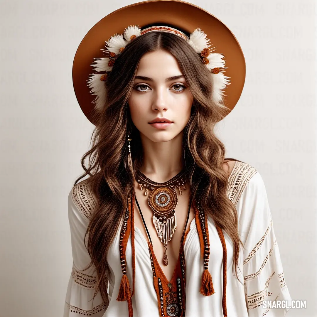 Woman wearing a hat with feathers on it and a necklace around her neck