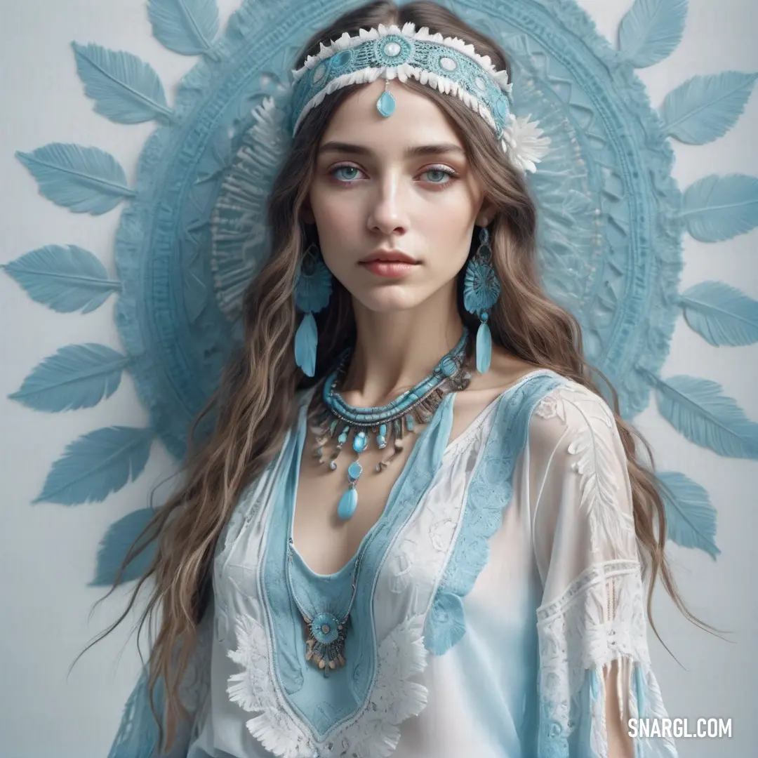 Woman with a blue headdress and a blue feather headdress on her head and a blue feather headdress on her head