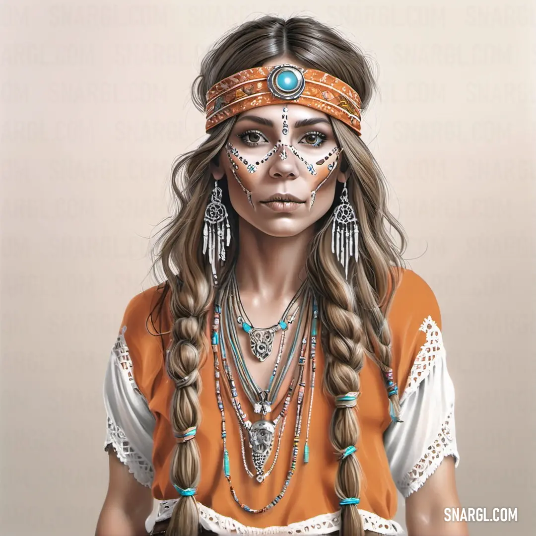 Woman with a face painted like a native american indian woman with long hair and a headdress