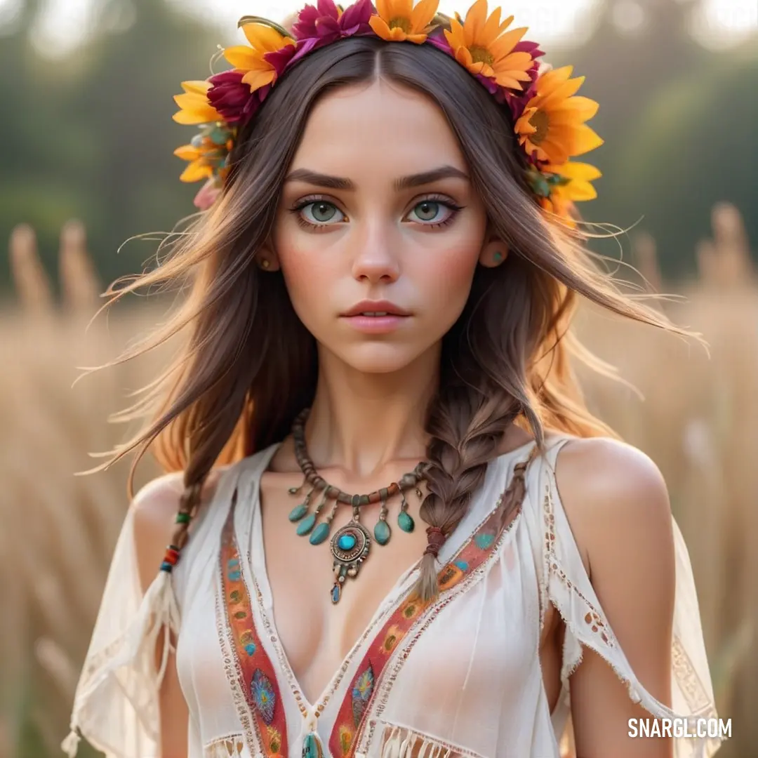 Woman with a flower crown on her head in a field of grass
