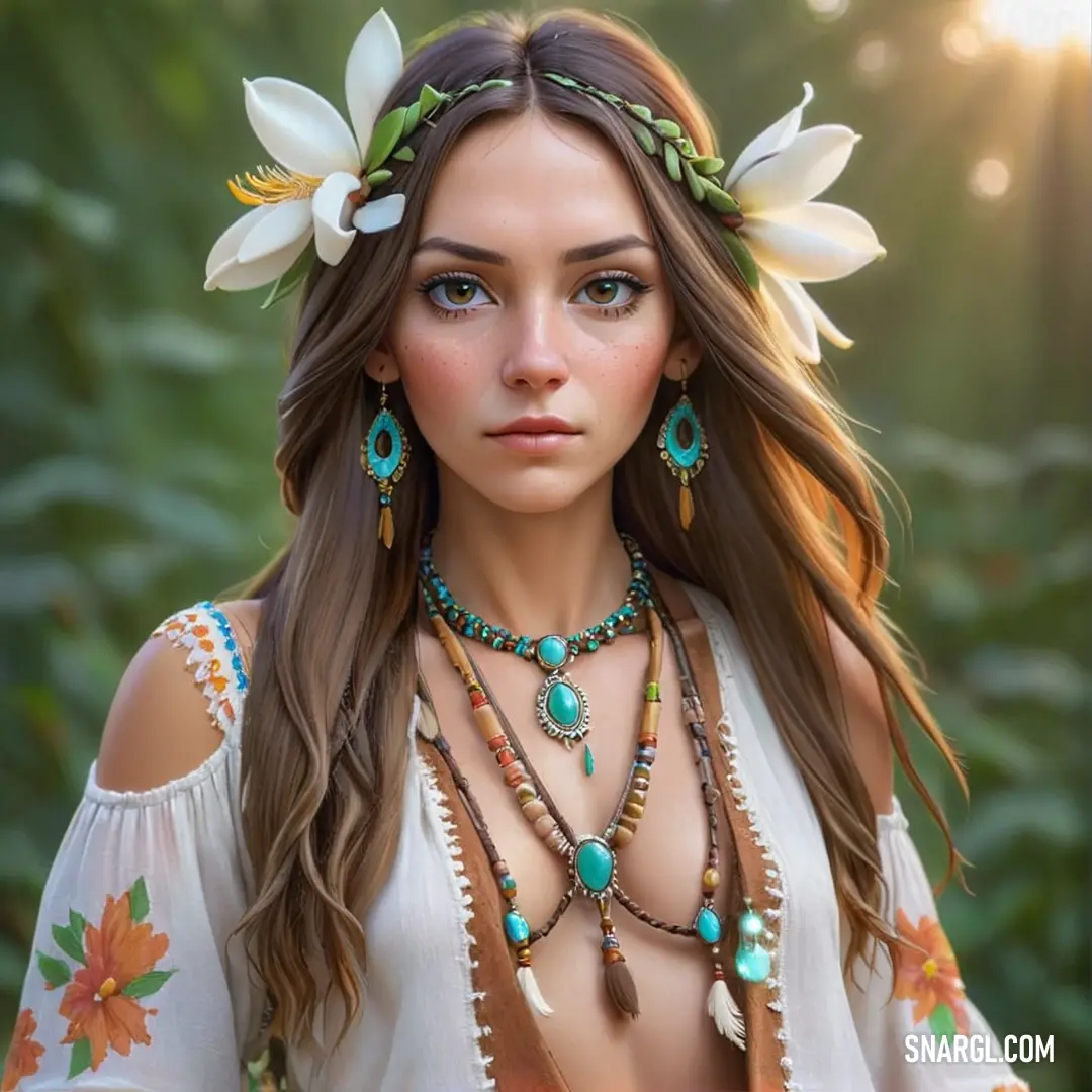 Woman with a flower in her hair wearing a necklace and earrings with flowers on it's head
