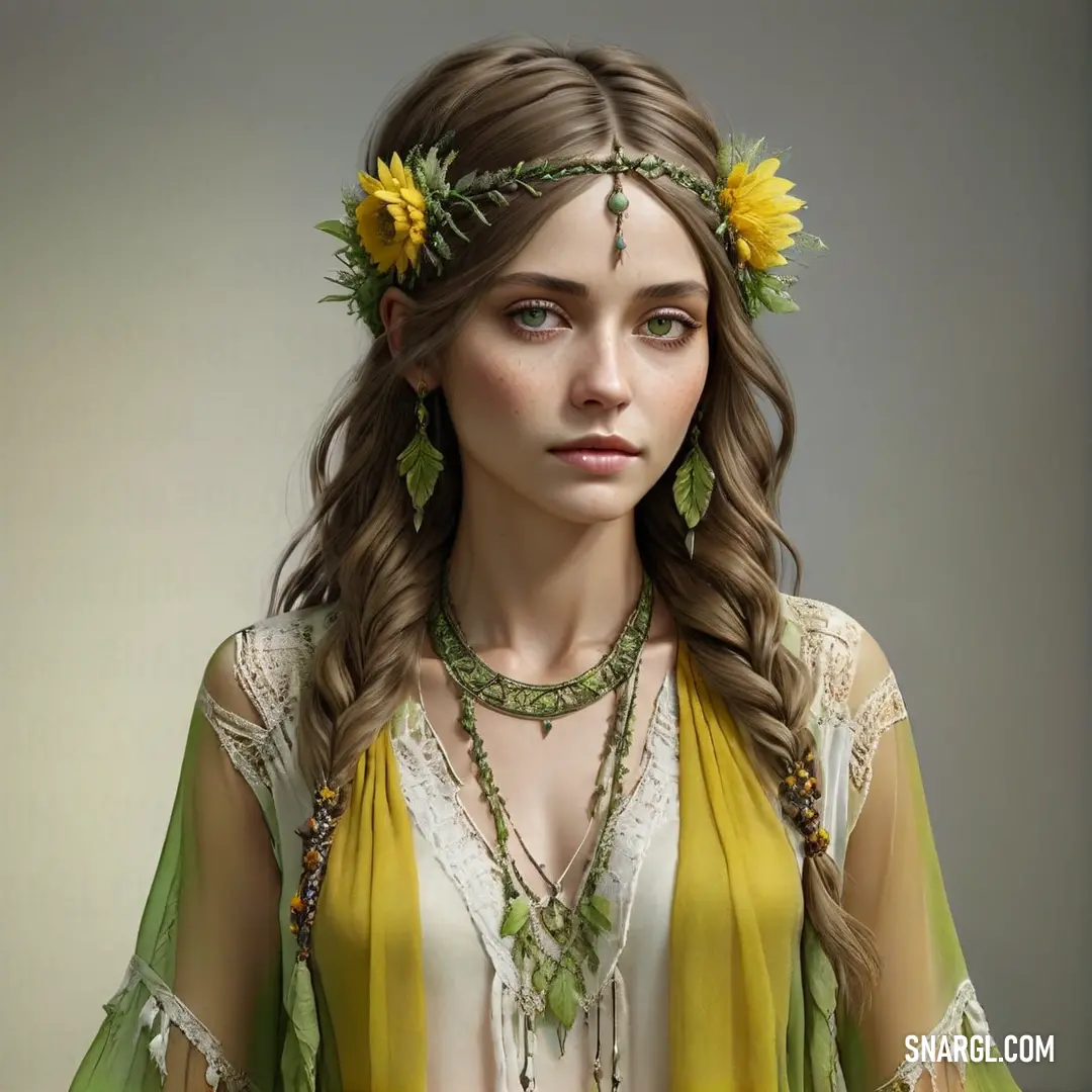 Woman with a flower in her hair and a yellow flower in her hair and a green scarf around her neck