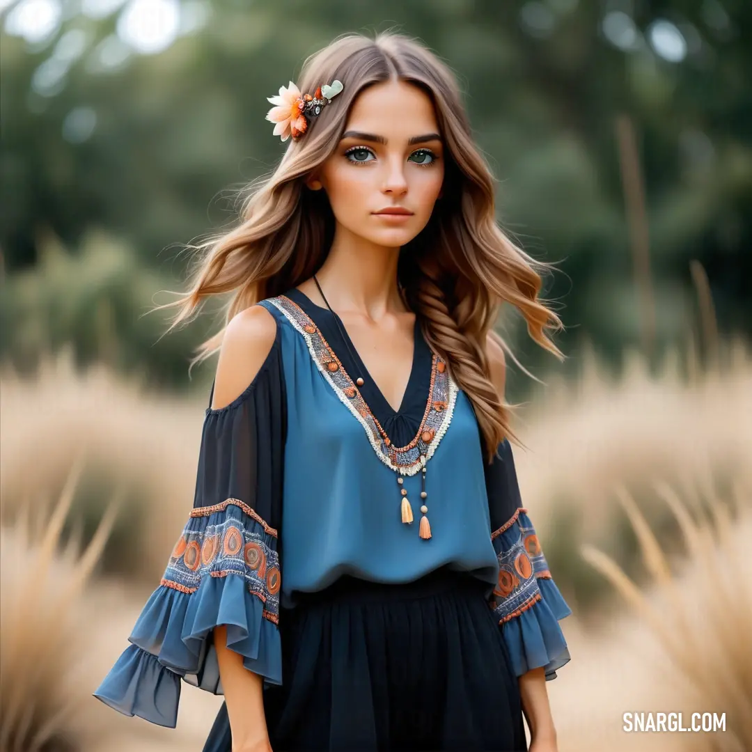 Woman with a flower in her hair wearing a blue top and black dress