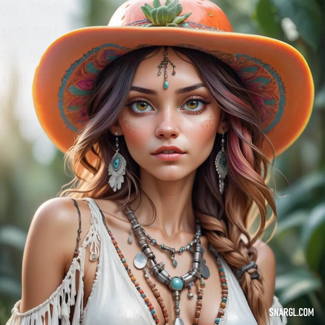 Woman with a hat and jewelry on her head and a necklace on her neck