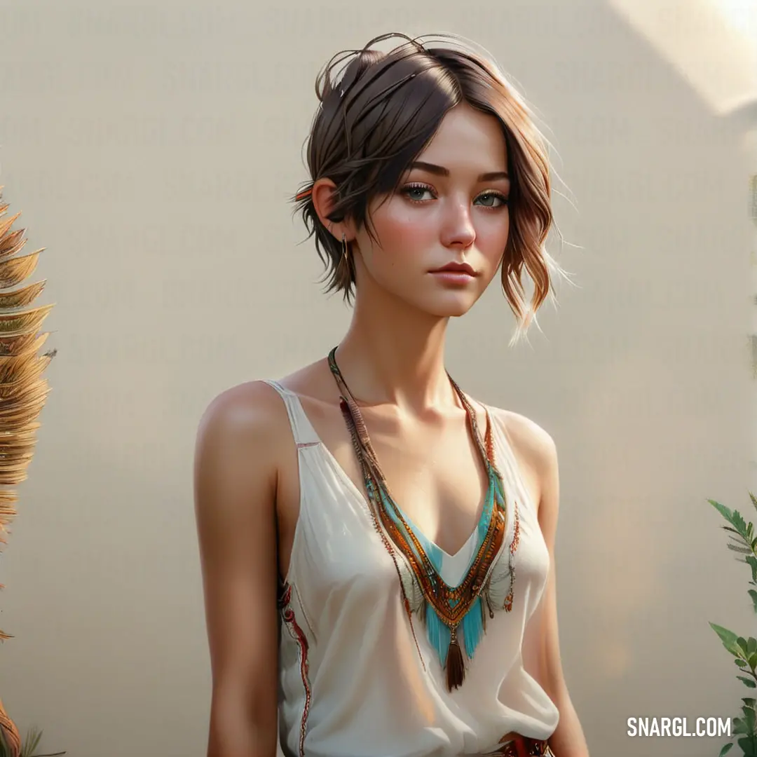 Woman with a necklace and a necklace on her neck standing next to a plant and a wall with a sun shining on it