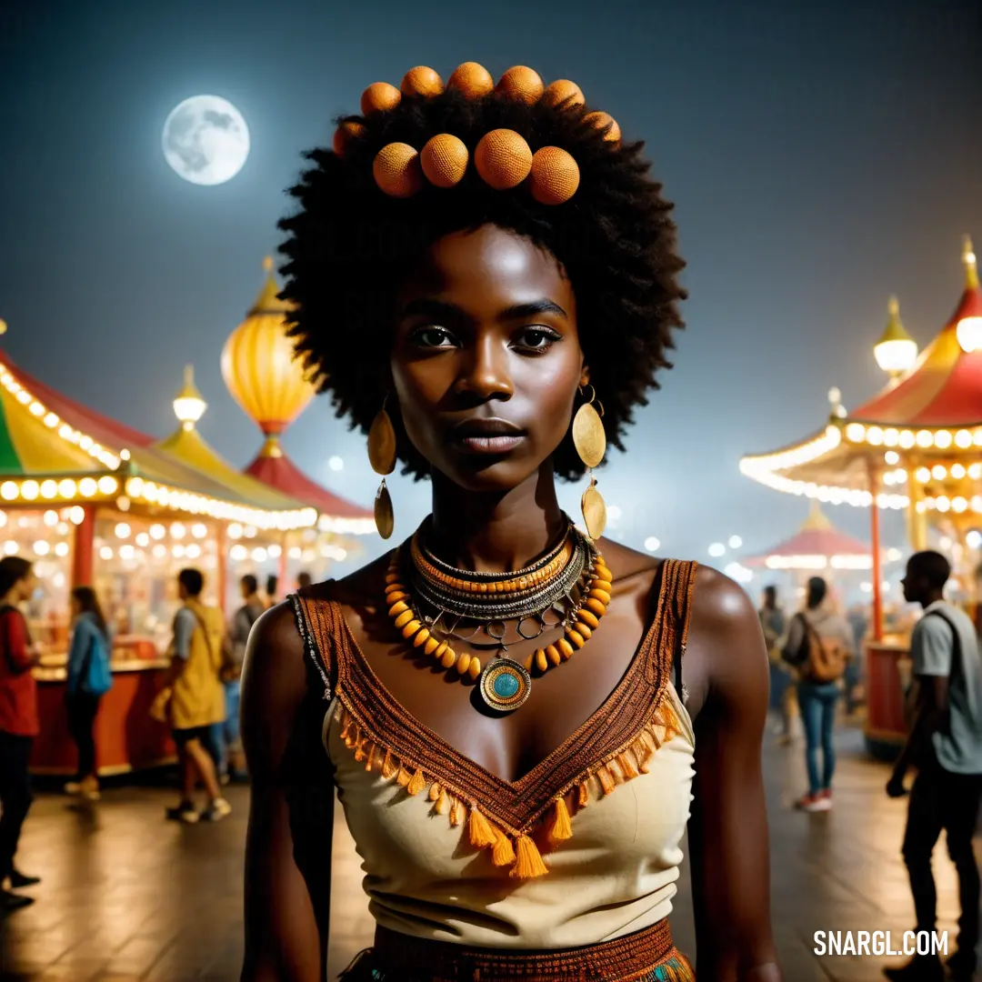 Woman with a necklace and earrings on her head in a carnival setting at night with people in the background