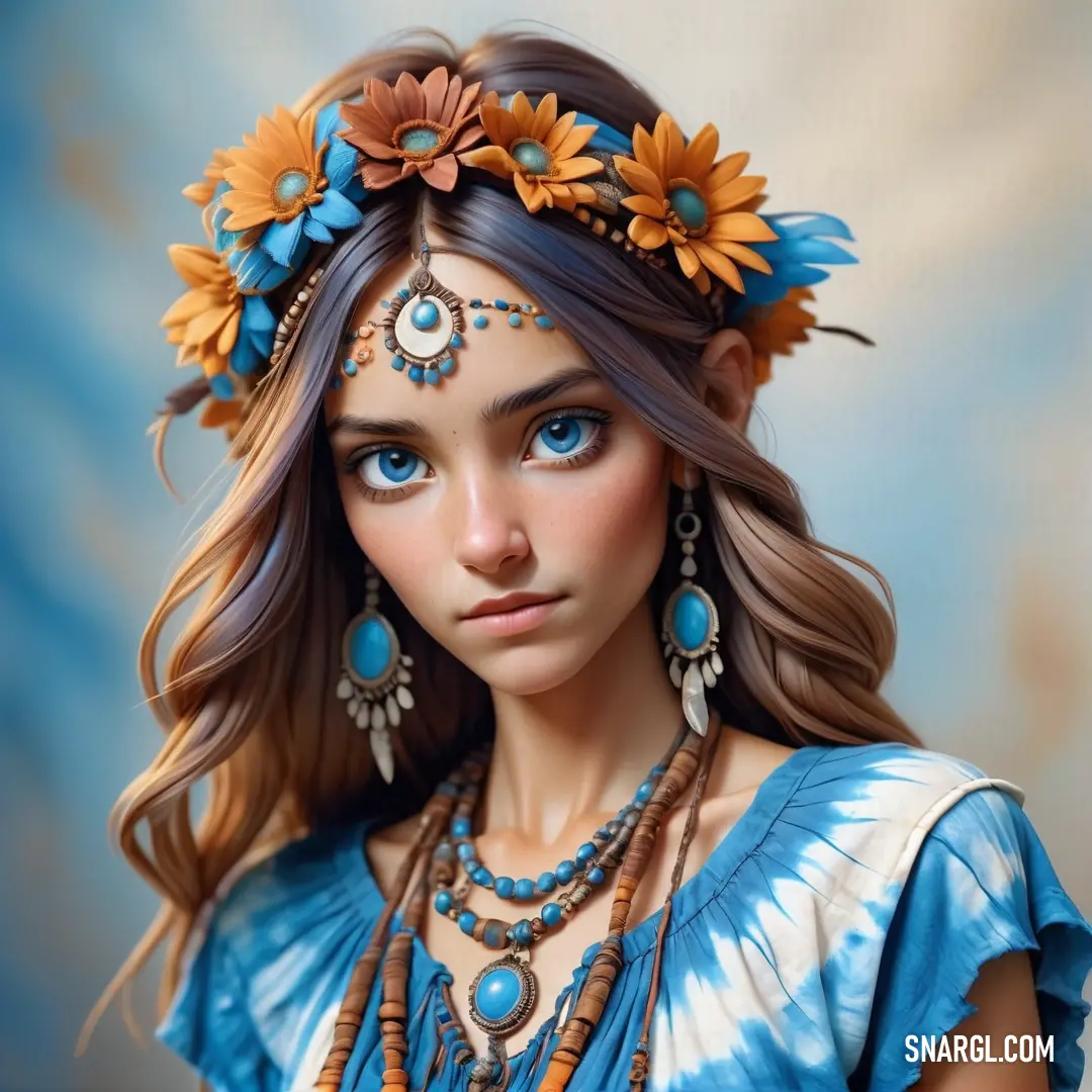 Woman with blue eyes and a flower in her hair is wearing a necklace and earrings with flowers on her head