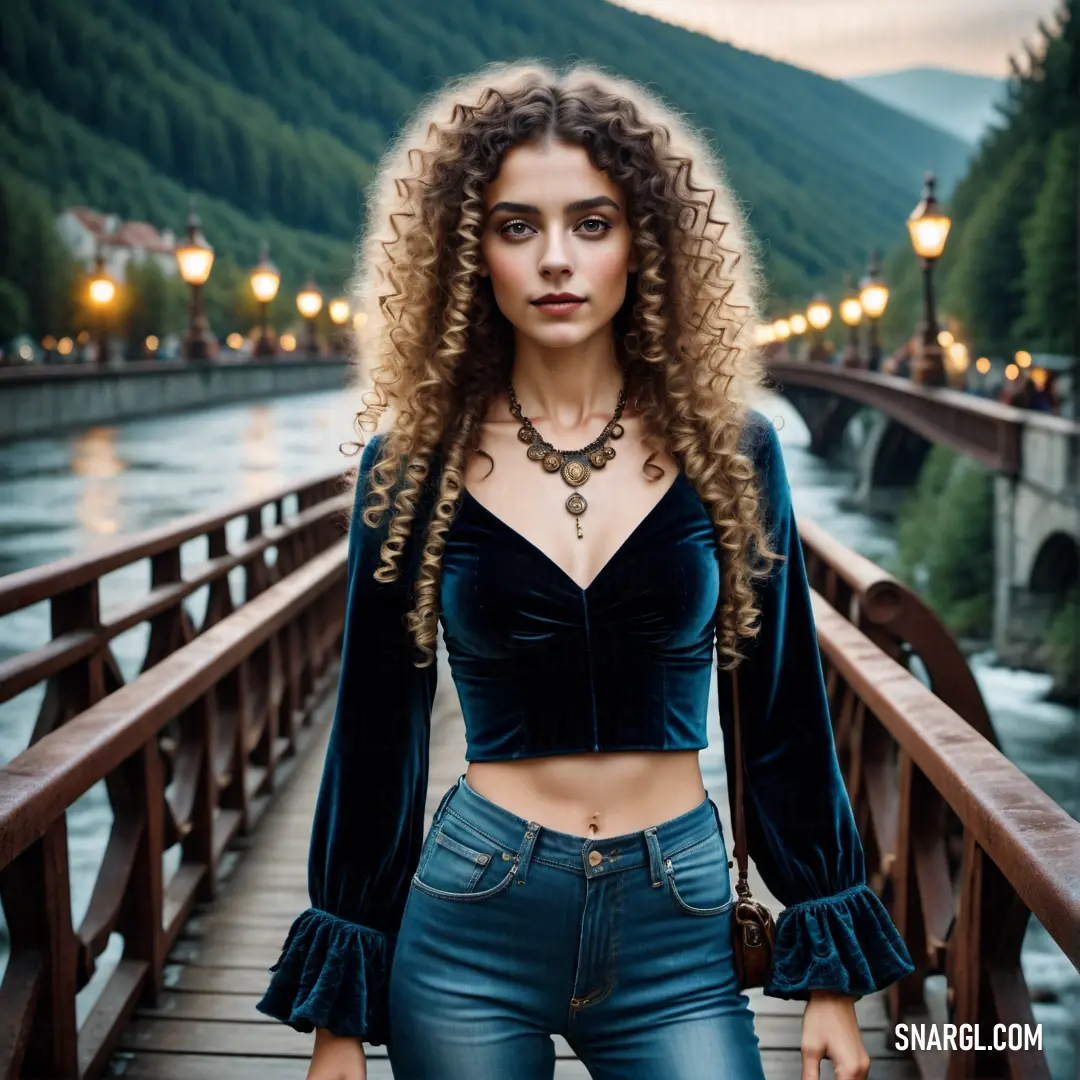 Woman with curly hair standing on a bridge over a river with a river behind her and a mountain in the background