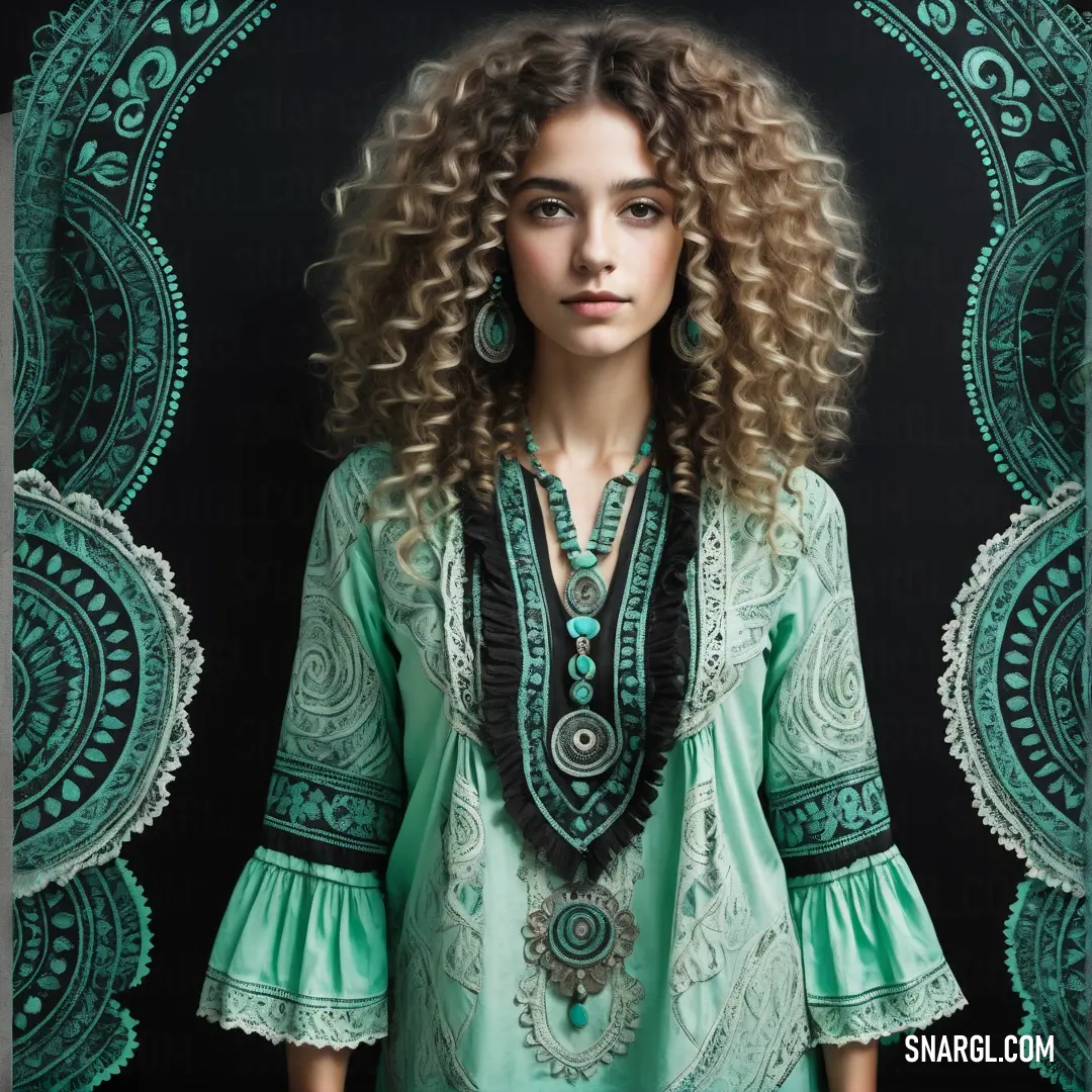 Woman with curly hair wearing a green dress and a necklace with a black bead around her neck