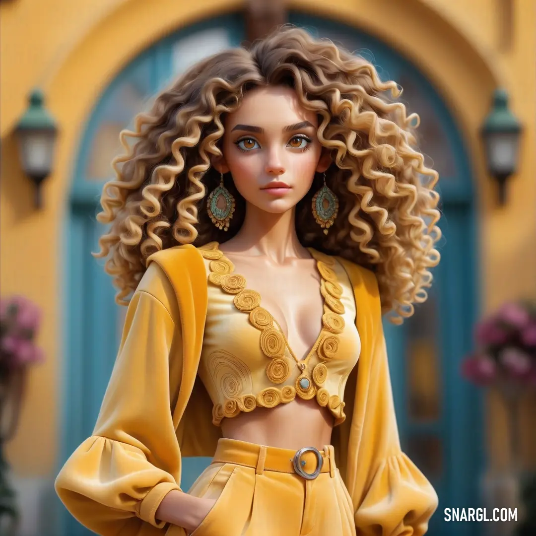 Woman with curly hair wearing a yellow outfit and earrings
