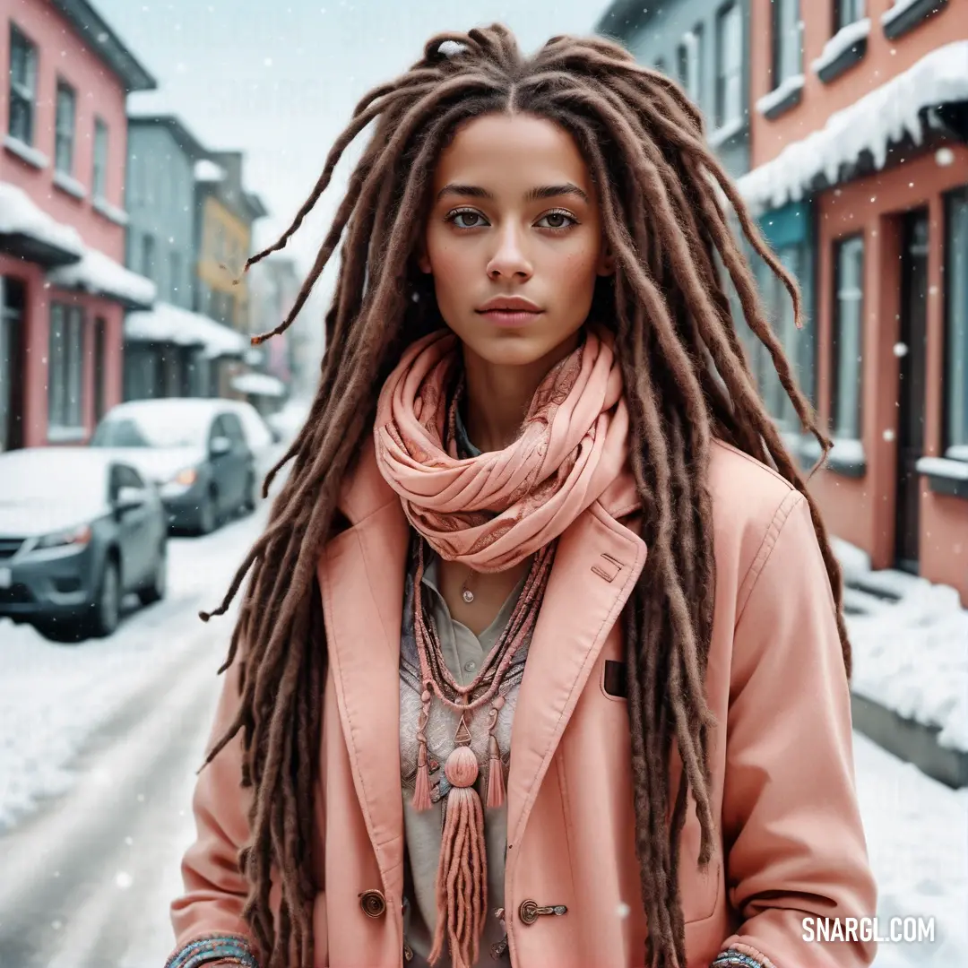 Woman with dreadlocks standing in the snow in a pink coat and scarf on a snowy street