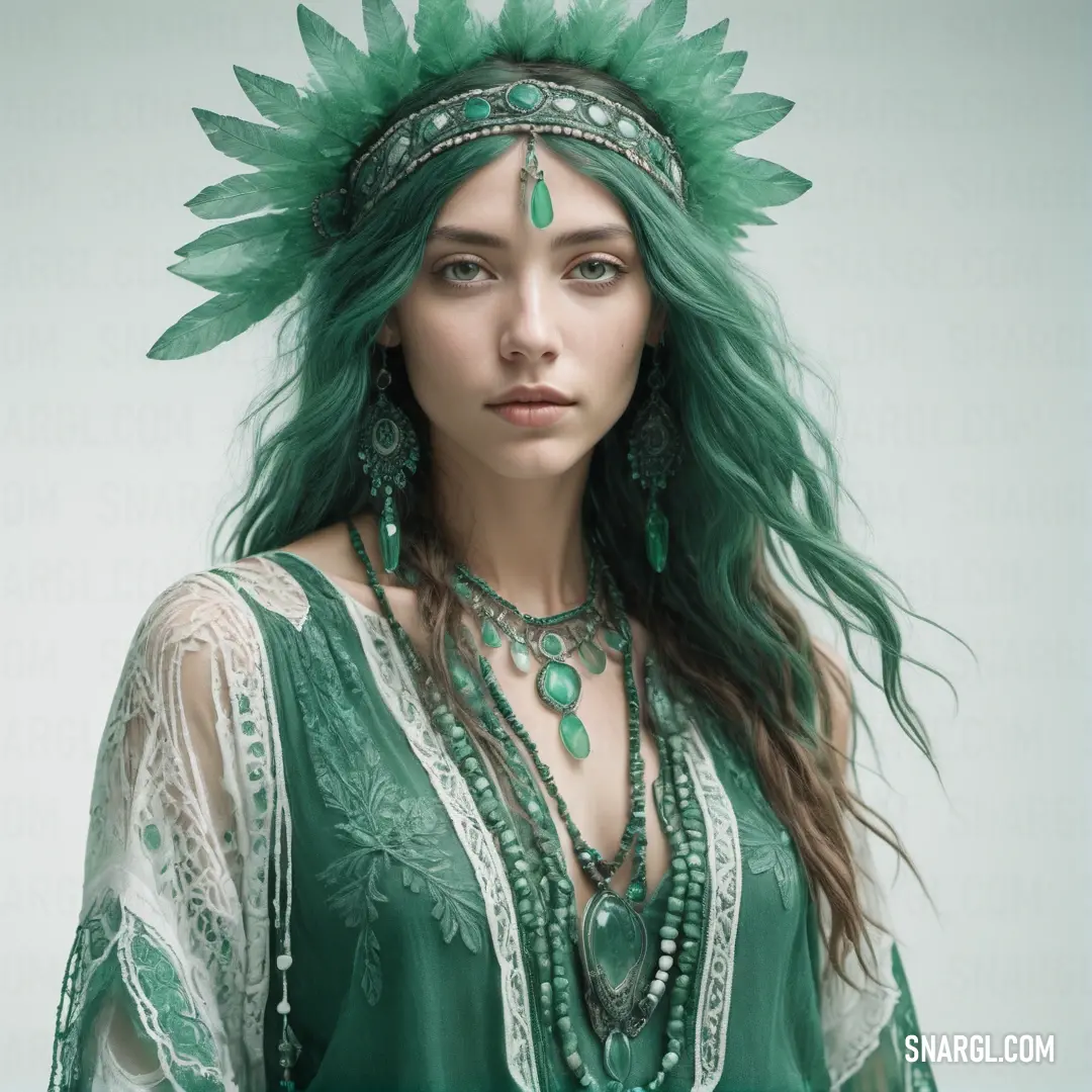Woman with green hair and jewelry on her head and wearing a green headdress