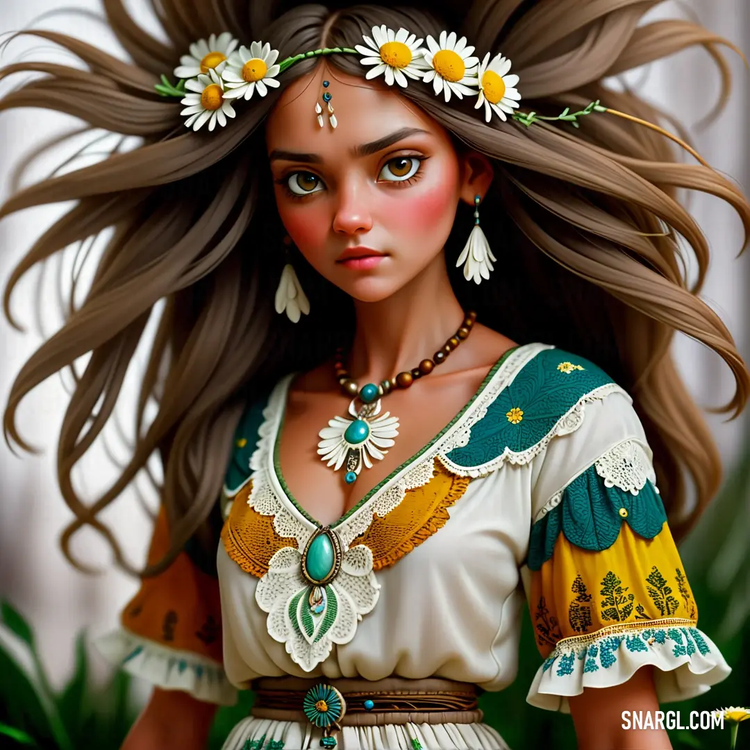 Woman with long hair and a flower in her hair wearing a dress and jewelry with daisies on her head