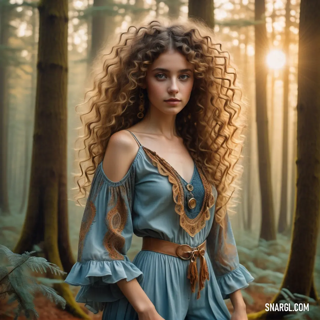 Woman with long hair standing in a forest with trees and grass in the background