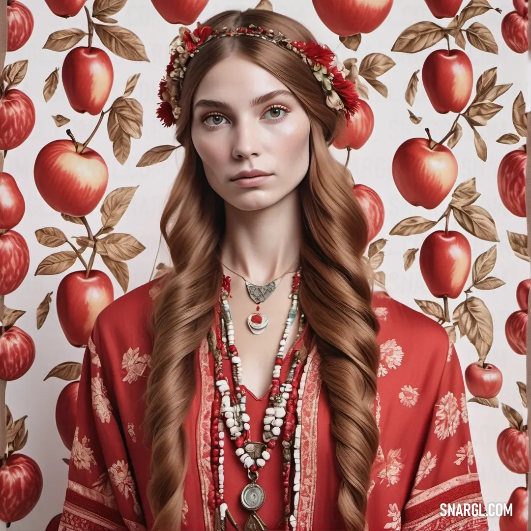 Woman with long hair wearing a red dress and a necklace with apples on it and a wallpaper with leaves