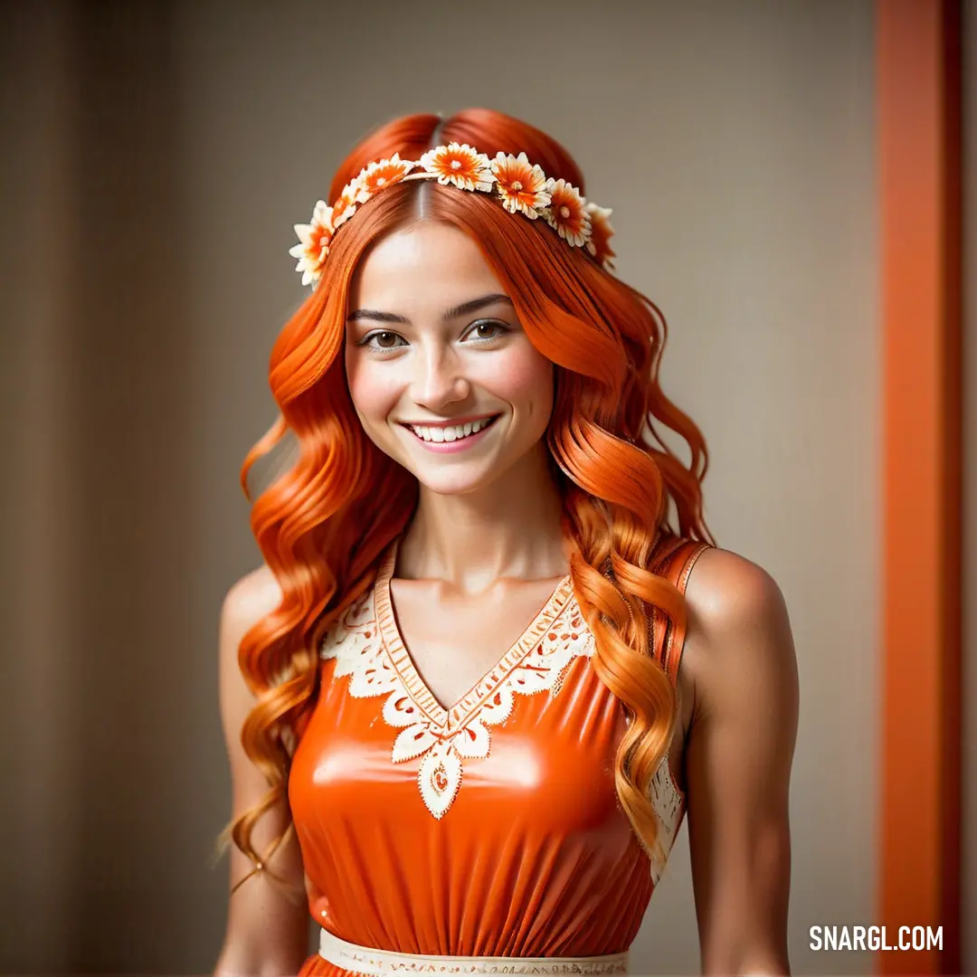 Woman with long red hair wearing a dress and a flower crown on her head smiling at the camera
