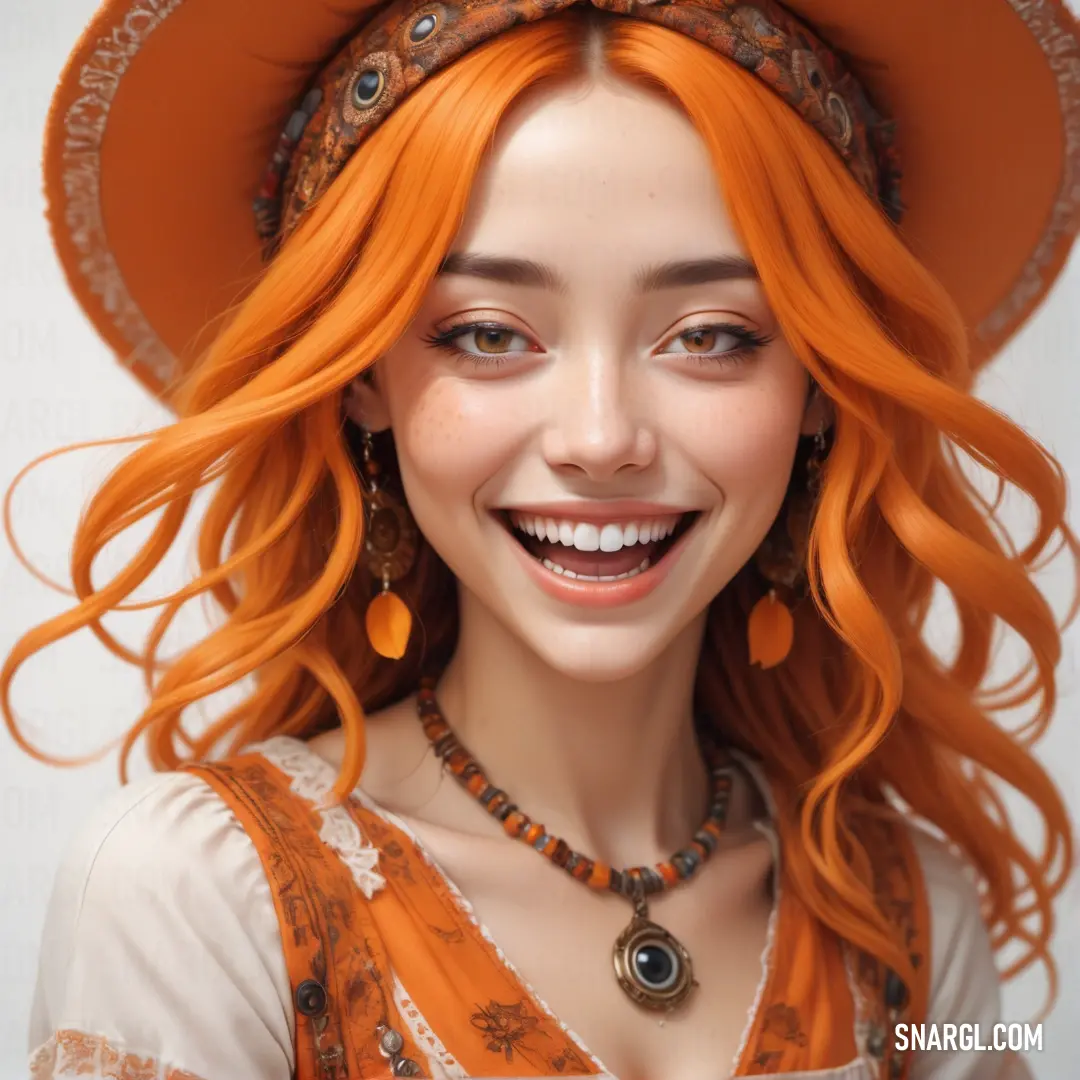 Woman with orange hair wearing a hat and a necklace with a diamond on it's head and a necklace with a flower