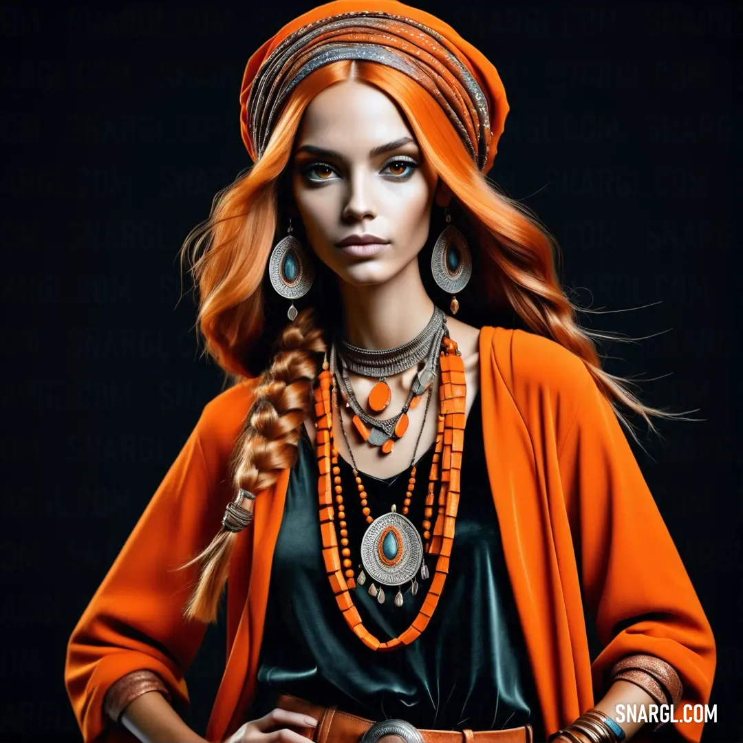 Woman with orange hair wearing a necklace and a jacket