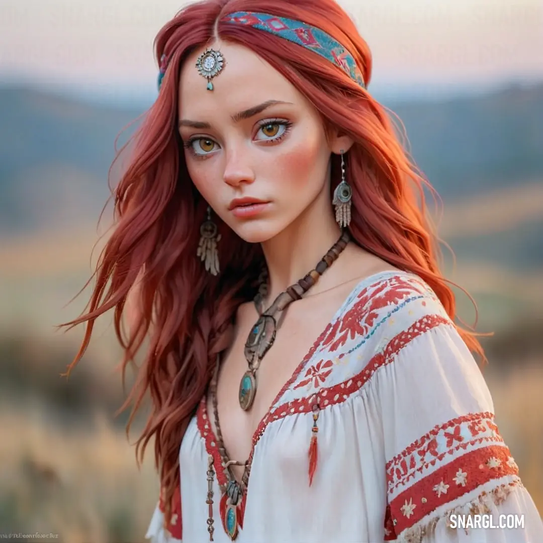 Woman with red hair and a headband is standing in a field with mountains in the background