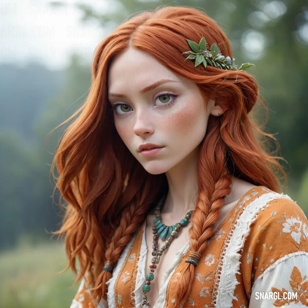 Woman with red hair and a braid with leaves on it's head is standing in a field