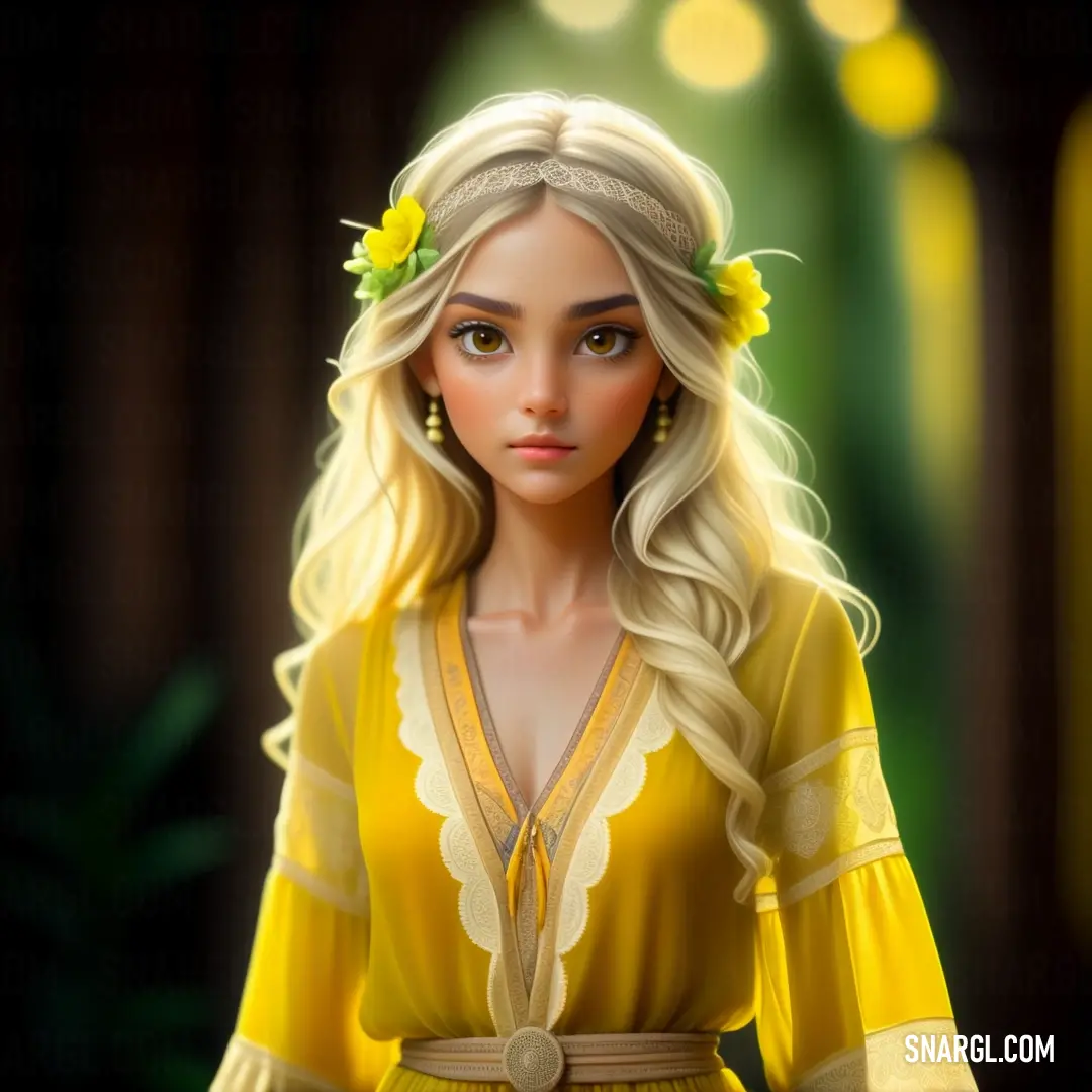 Digital painting of a woman in a yellow dress with a flower in her hair