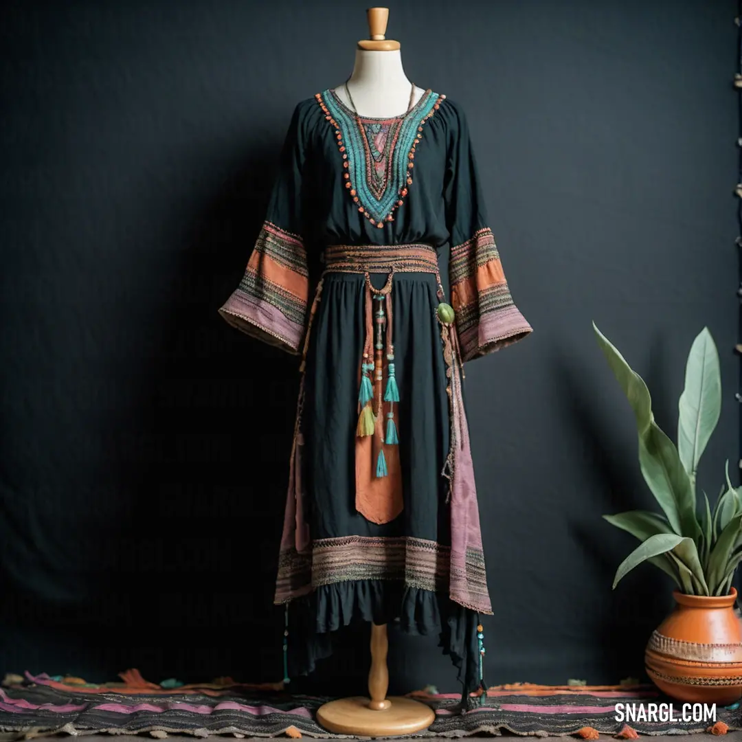 Dress on a mannequin next to a potted plant