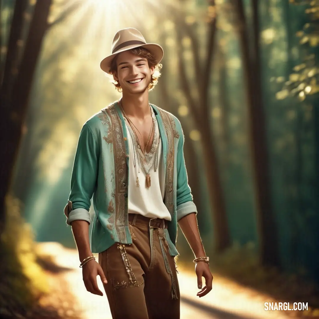 Man in a hat is walking down a path in the woods with a smile on his face and a green cardigan