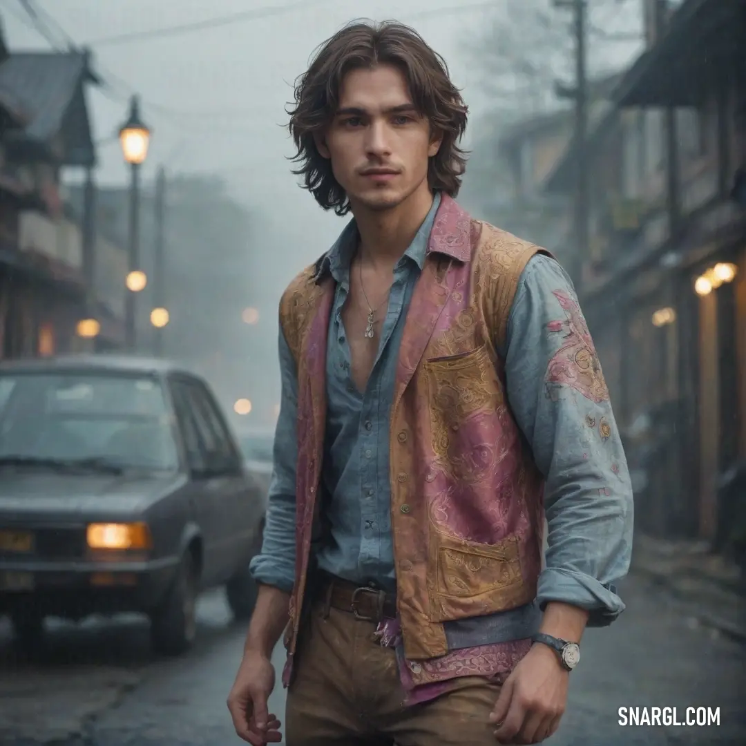 Man in a vest and jeans standing in the street with a car behind him in the rain