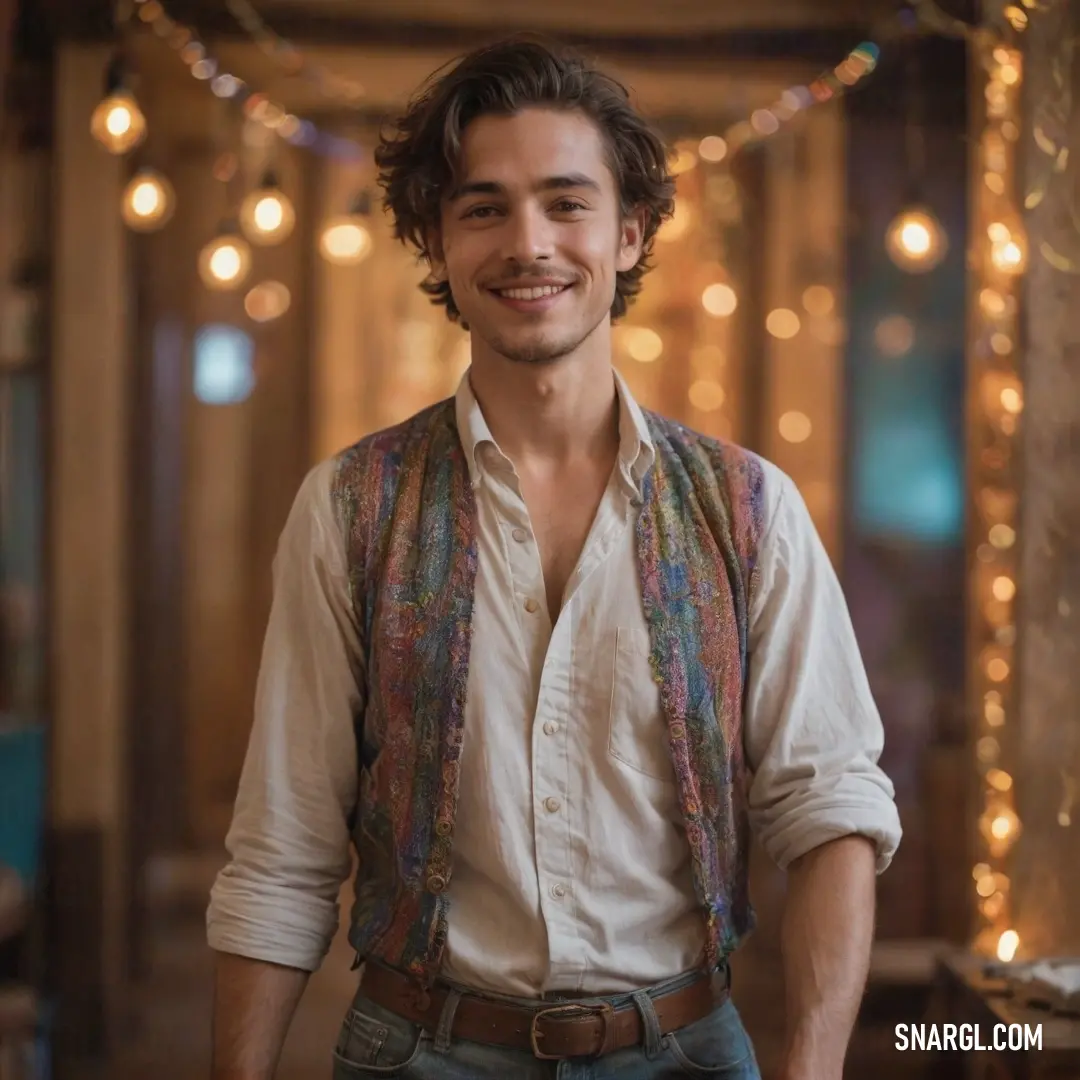 Man in a white shirt and a scarf smiling at the camera with lights in the background