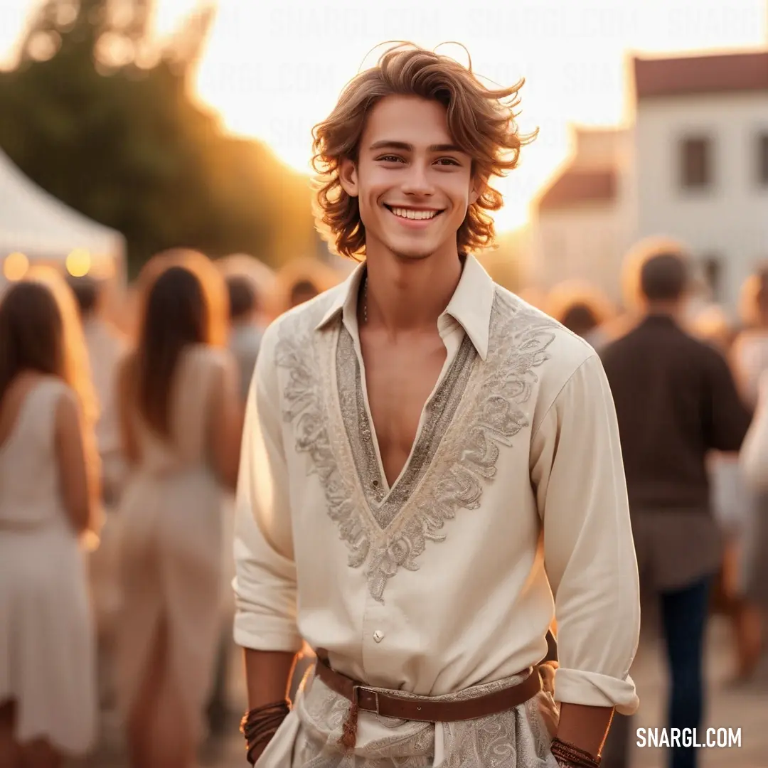 Man in a white shirt and a crowd of people in the background