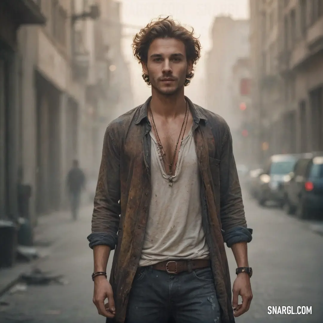 Man standing in the middle of a street with a jacket on and a necklace on his neck and a shirt on