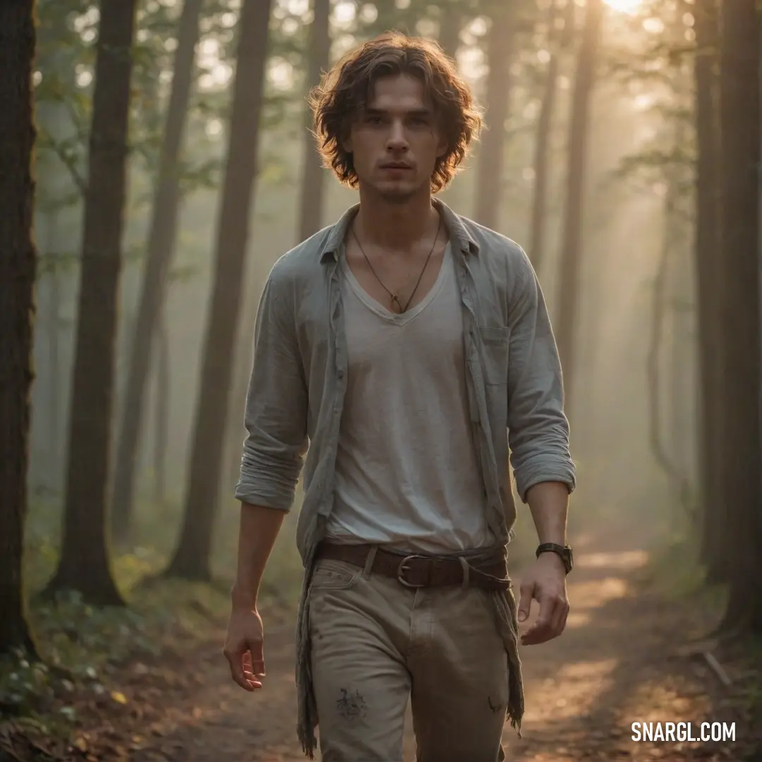 Man walking down a path in the woods with a light shining through the trees behind him