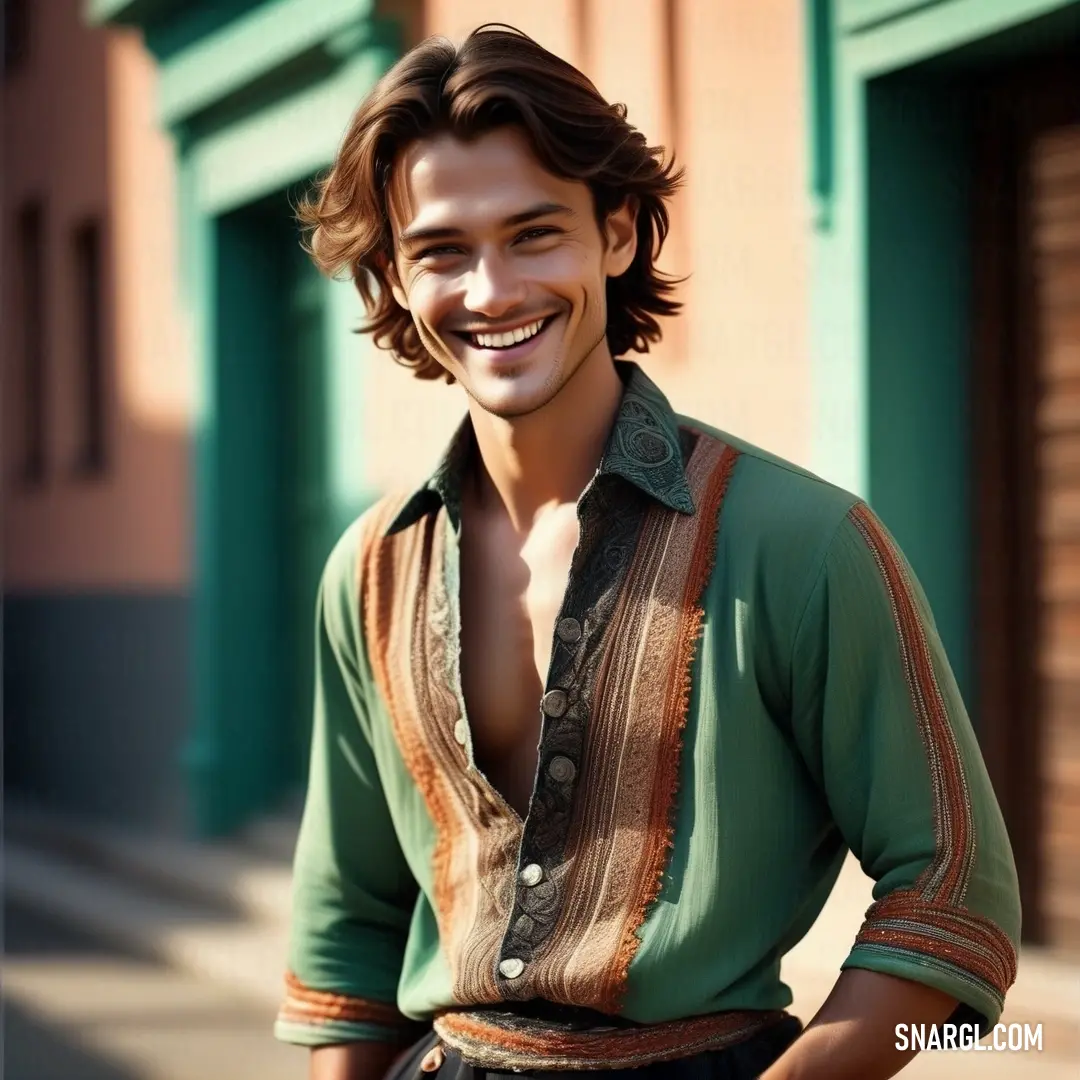 Man with a smile on his face and a green shirt on his shirt is standing in front of a building