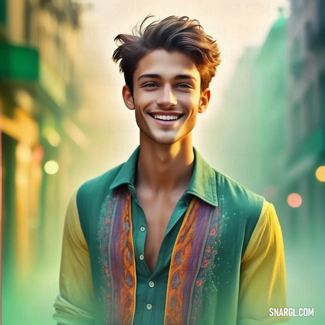 Man with a smile on his face in a city street with buildings and lights in the background