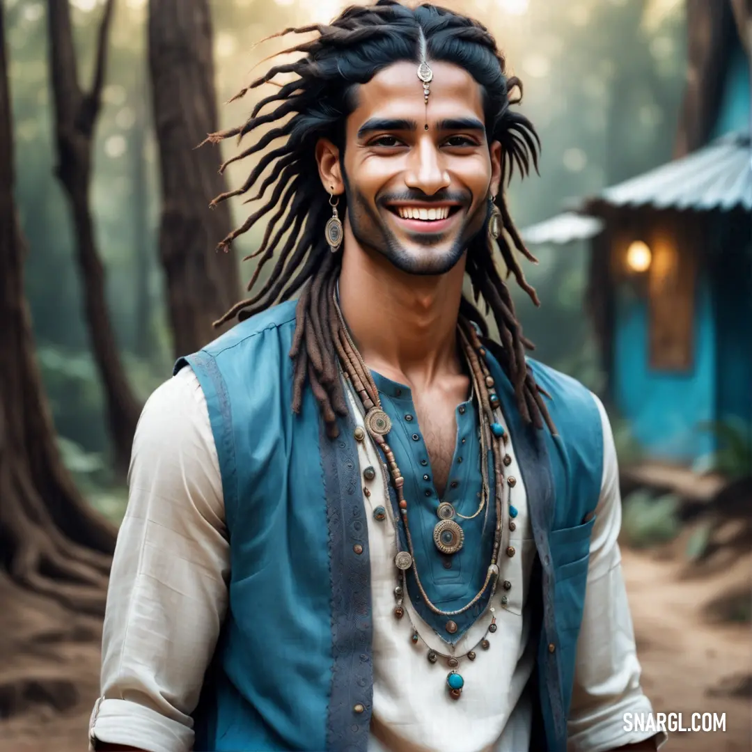 Man with dreadlocks and a blue vest smiling at the camera in a forest with a hut