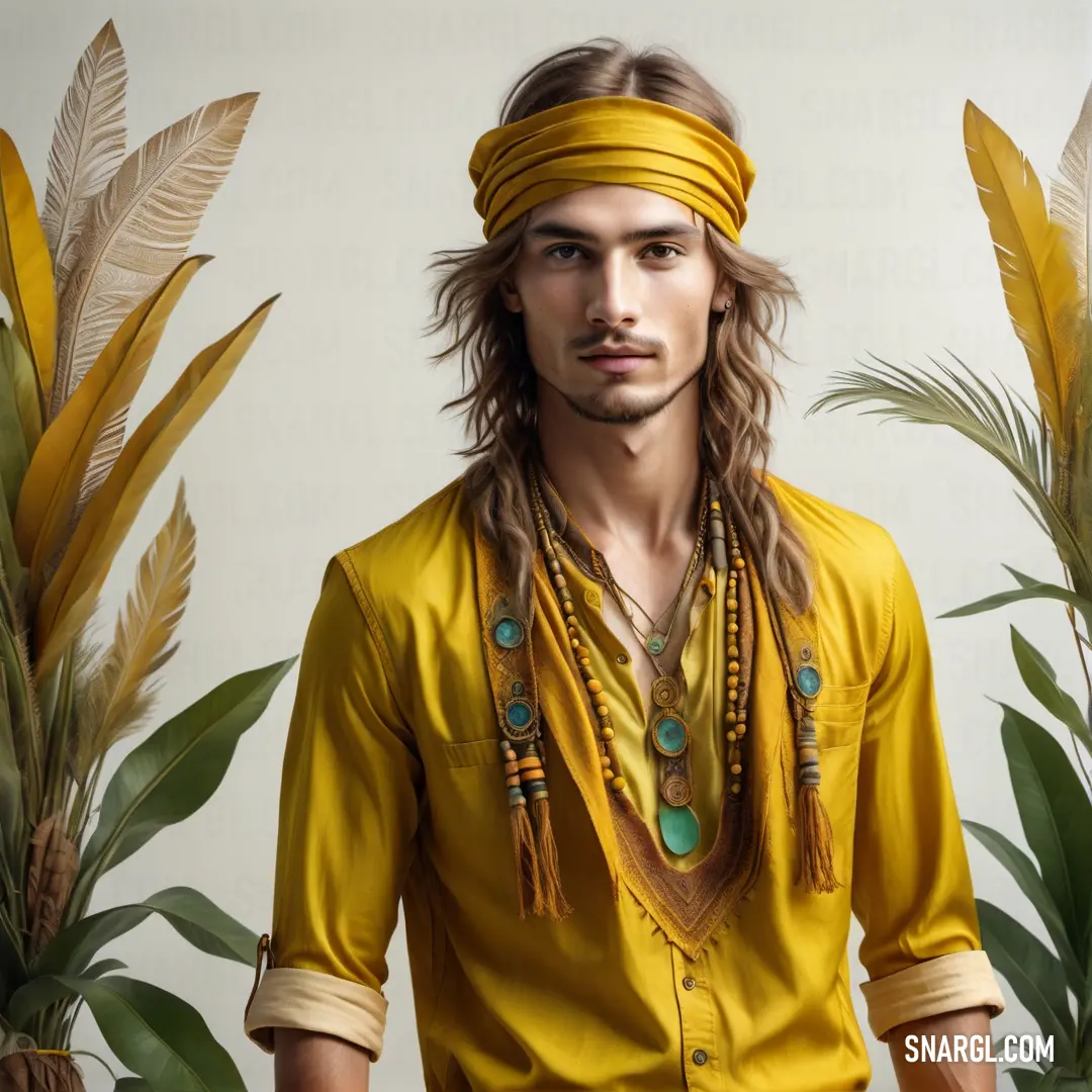 Man with long hair wearing a yellow shirt and a yellow headband with beads