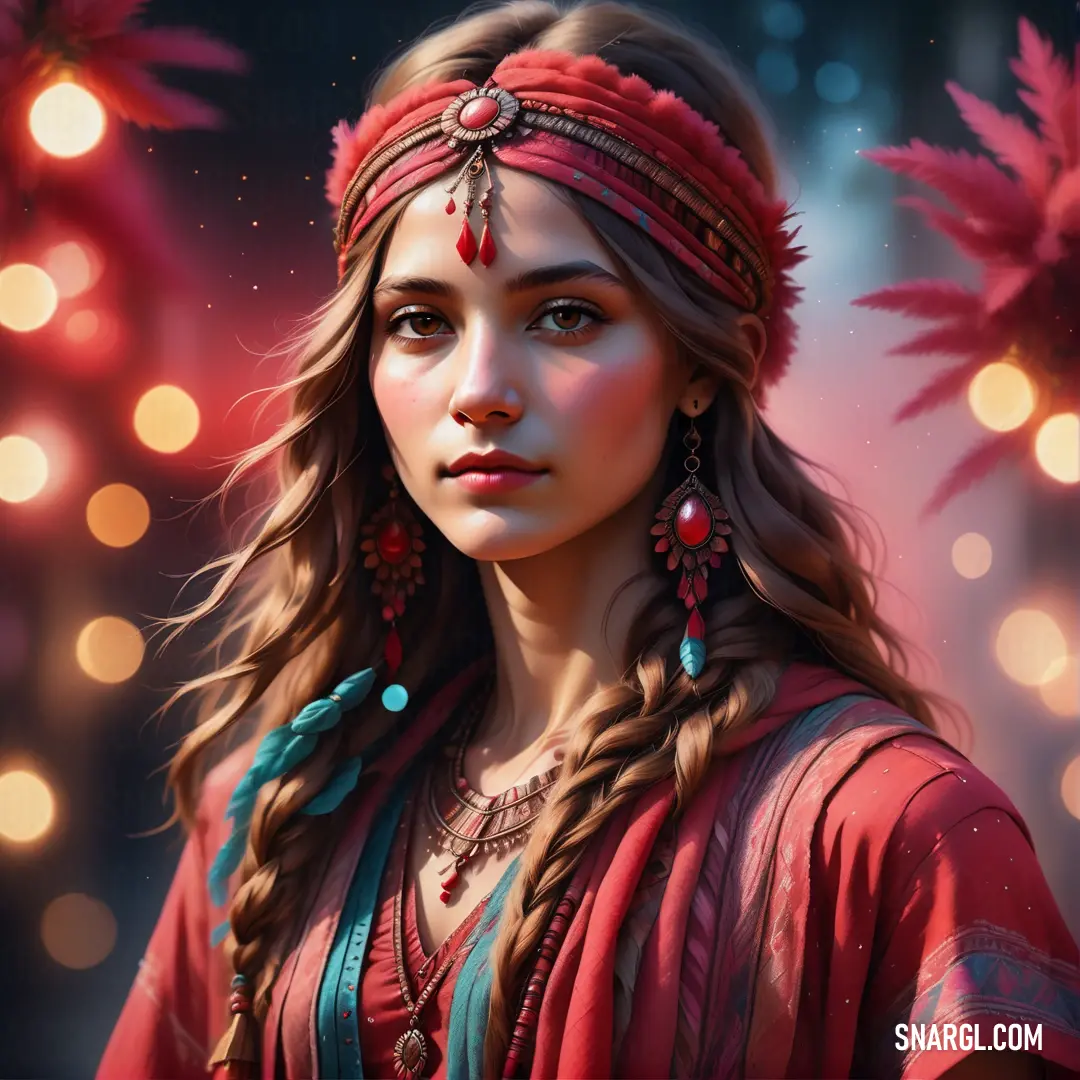 Painting of a woman wearing a red headdress and a red necklace with feathers on it and a boho