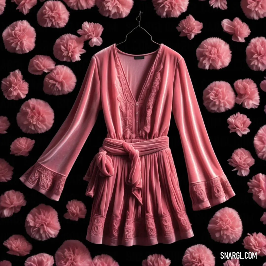 Pink dress is hanging on a black background