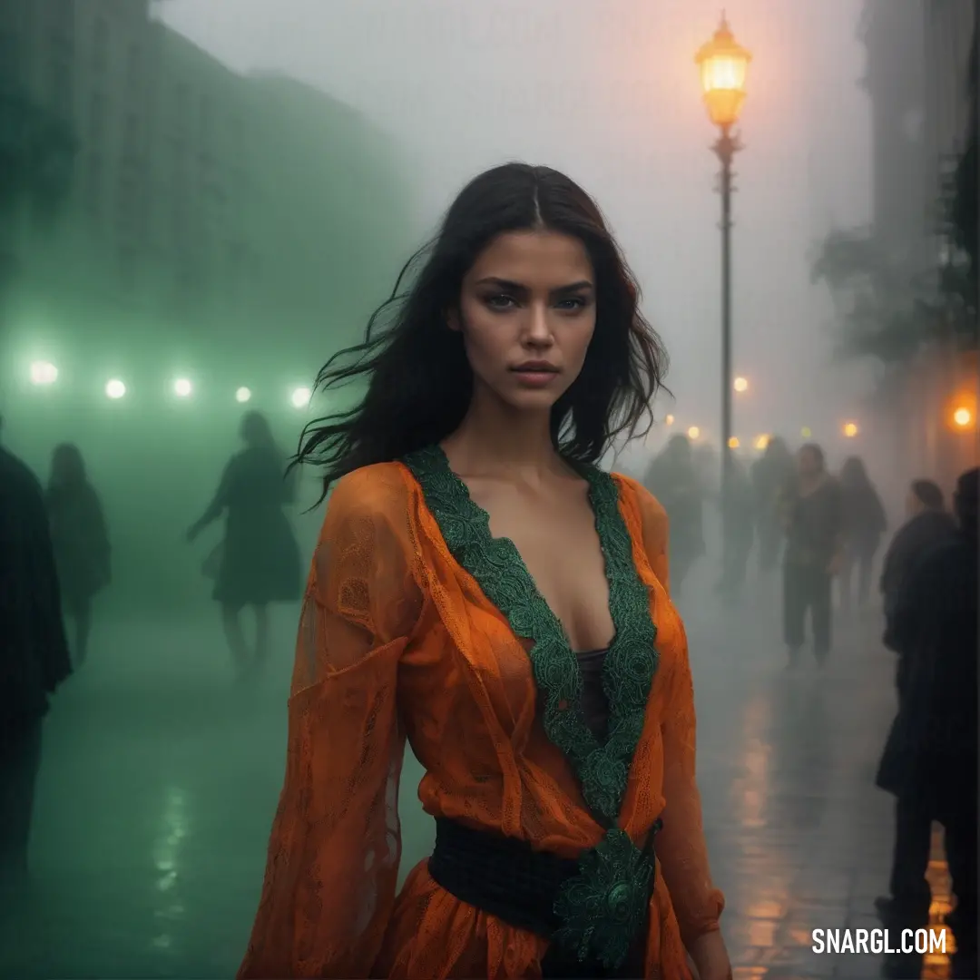 Woman in a dress standing on a street in the fog